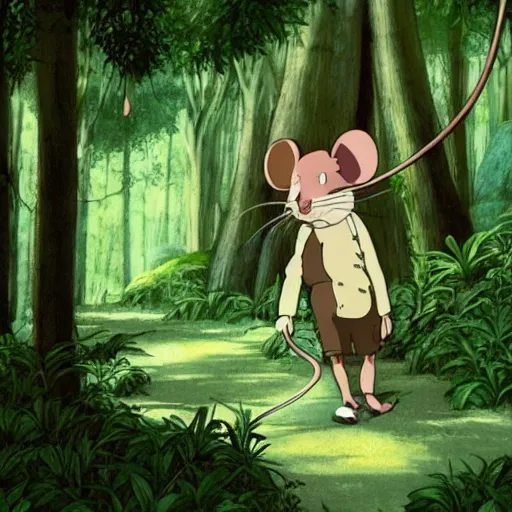 Image similar to an anthropomorphic mouse walking through a lush forest, studio ghibli, Bohemia, old world