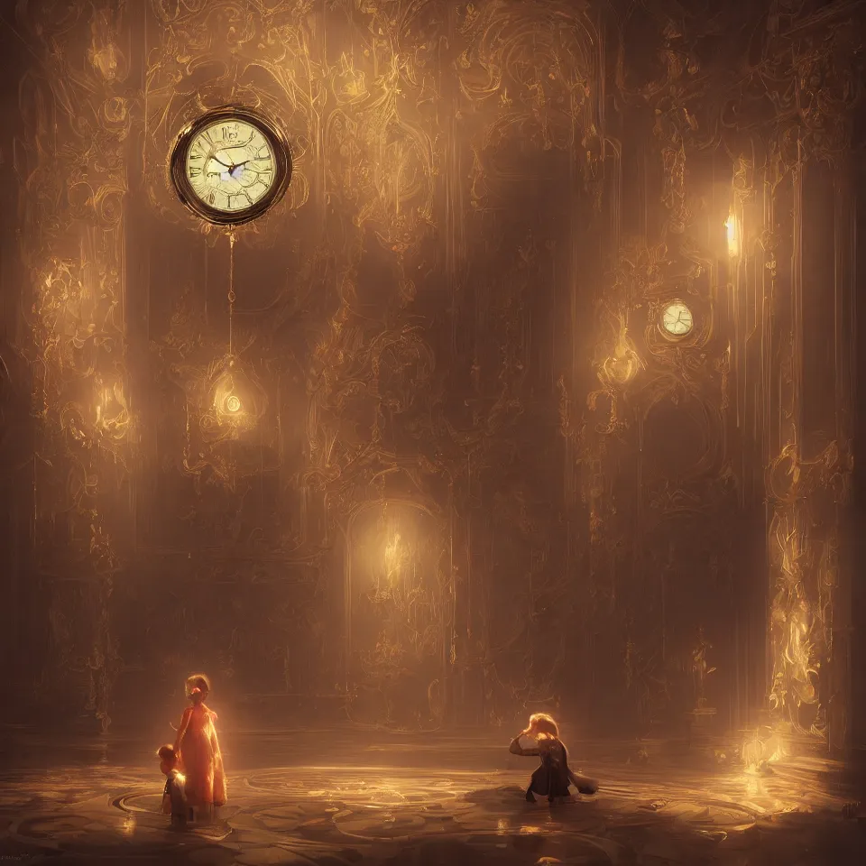 Image similar to a child surrounded by mirror and evil clock, intricate, elegant, glowing lights, highly detailed, digital painting, artstation, concept art, smooth, sharp focus, illustration, greg rutkowski, 8 k, very high resolution, processing, extremely hyperdetailed