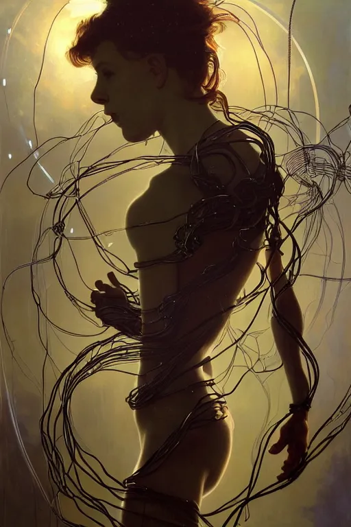 Image similar to hyperrealist portrait of a year 2 0 4 4 space sport engineer, it is decorated with long wires that fall like vines and wears small computers over their body. by jeremy mann and alphonse mucha, fantasy art, photo realistic, dynamic lighting, artstation, poster, volumetric lighting, very detailed faces, 4 k, award winning