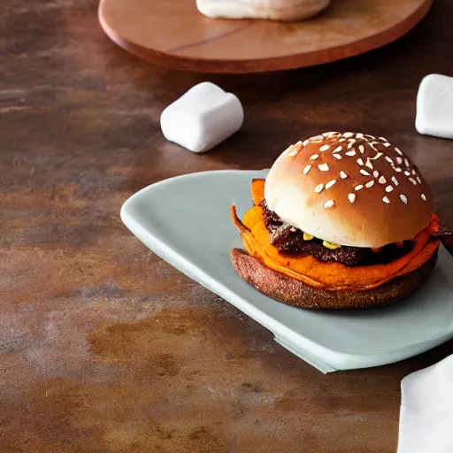 Prompt: Fast Food commercial photograph of a cinnamon hamburger bun with sweet potatoes, and melted marshmallows inside