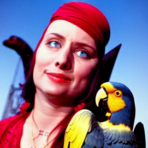 Image similar to Swashbuckling pirate holding her parrot, colorized still from the movie a trip to the moon