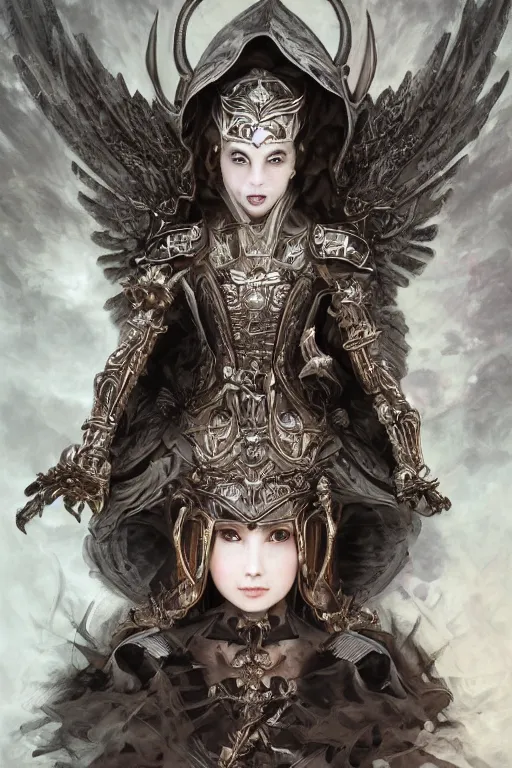 Image similar to A masterpiece ultrarealistic ultradetailed portrait of a divine archangel armored princess knight-witch-ghost with Samurai-Skull Iron mask. baroque renaissance girl in the night forest. medium shot, intricate, elegant, highly detailed. trending on artstation, digital art, by Stanley Artgerm Lau, WLOP, Rossdraws, James Jean, Andrei Riabovitchev, Marc Simonetti, Yoshitaka Amano. background by James Jean and Gustav Klimt, light by Julie Bell, 4k, porcelain skin.