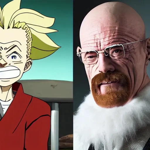 Image similar to senku from dr stone and walter white from breaking bad in a lab together