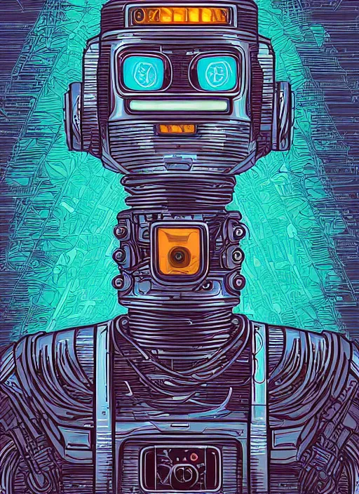 Image similar to an illustration of a portrait of a robot by dan mumford