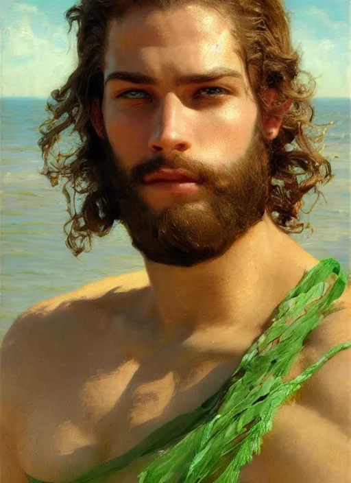 Image similar to detailed cinematic wide shot of muscular attractive young mulatto man beard slim face symmetrical face tanskin green eyes shaved hair wearing sea clothes, ultra realistic, spring light, painting by gaston bussiere, craig mullins, j. c. leyendecker