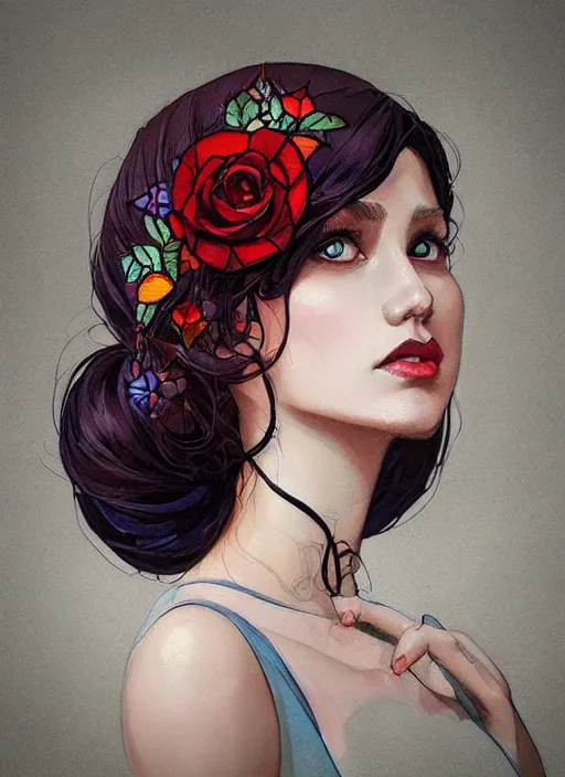 Prompt: beautiful young woman wearing a dress made from stained glass in the design of a rose. painting by artgerm and greg rutkowski and ilya kuvshinov
