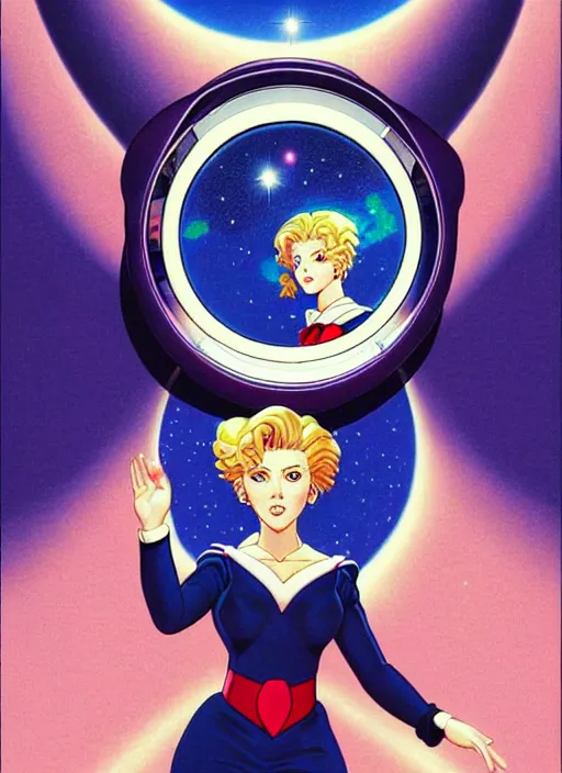 Image similar to perfectly centred realistic portrait of scarlett johansson as a sailor moon, looking in the mirror, in a business suit, ready for work, futuristic office, highly detailed, 8 0 - s style poster, sharp focus, illustration, art by kawase hasui,