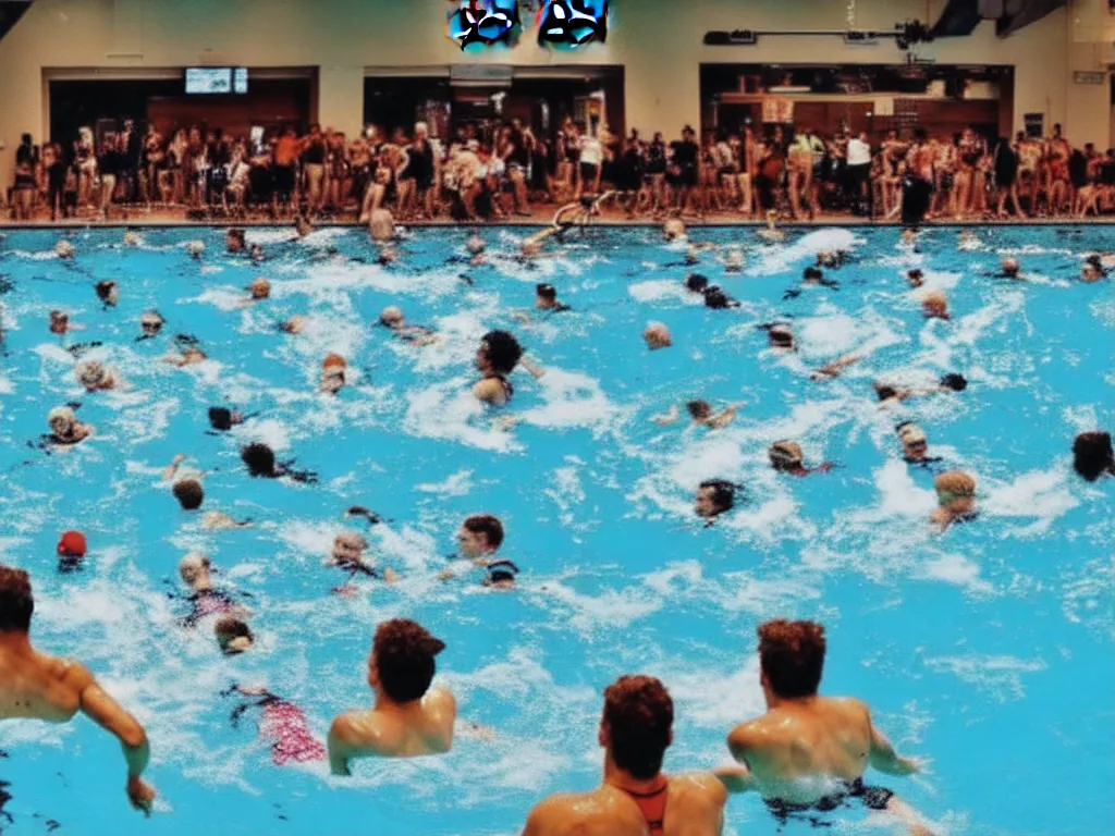 Prompt: a perfect photograph of a train crashing through a crowded swimming pool. sponsored by nike
