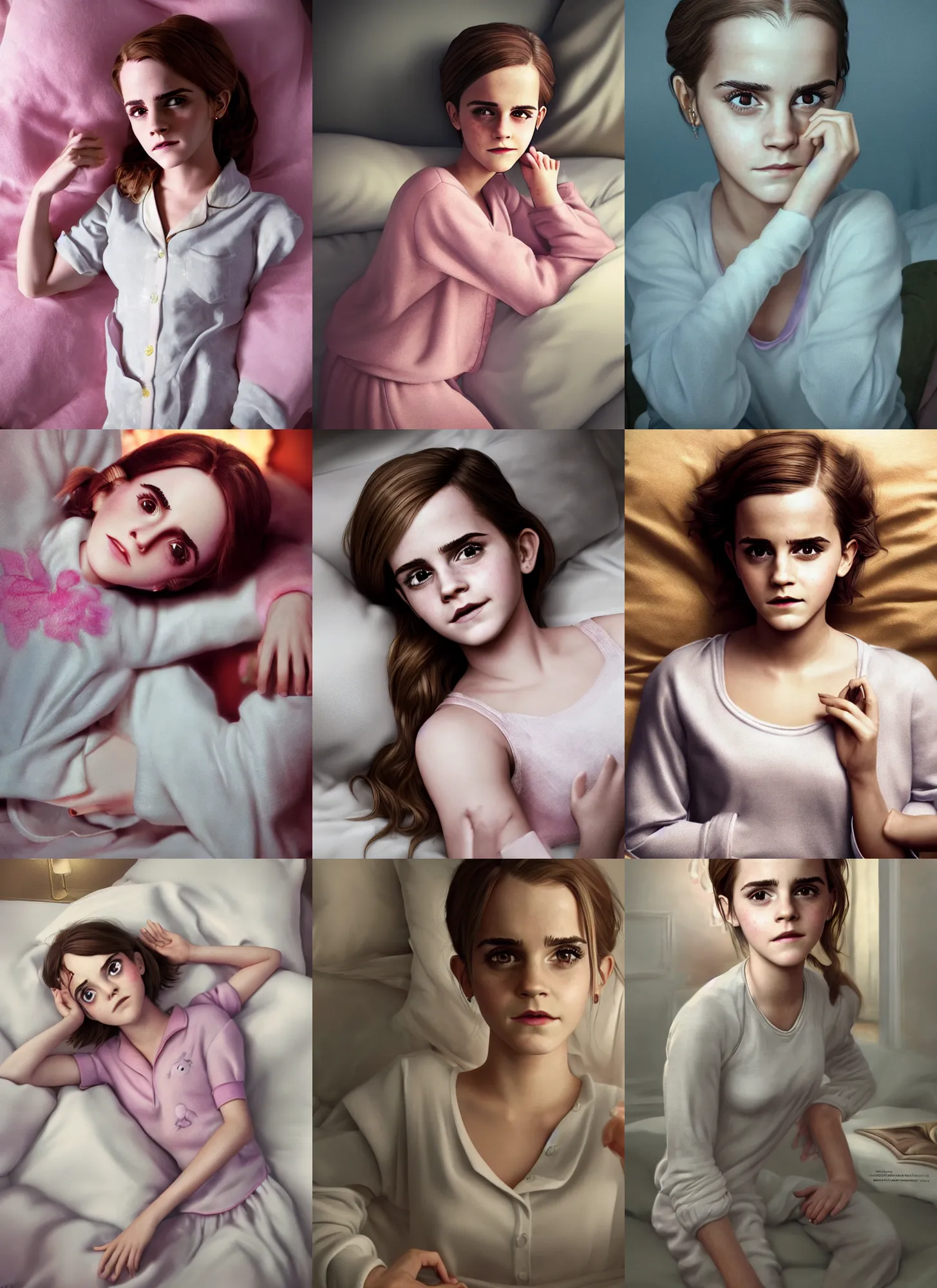 Prompt: very beautiful portrait of an extremely cute and adorable very beautiful emma watson ready for bed in pajamas, character design by mark ryden and pixar and hayao miyazaki, unreal 5, daz, hyperrealistic, octane render, cosplay, rpg portrait, dynamic lighting, intricate detail, fall vibrancy, cinematic