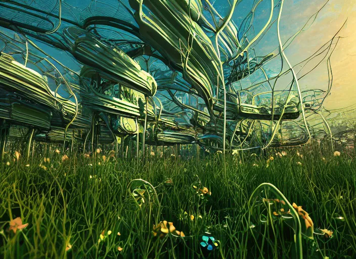 Prompt: meadows inspired by compression algorithms, alien plantlife, giant computer-circuitry structures sticking out, low-poly, ray-tracing, 4k, high-quality render, trending on artstation