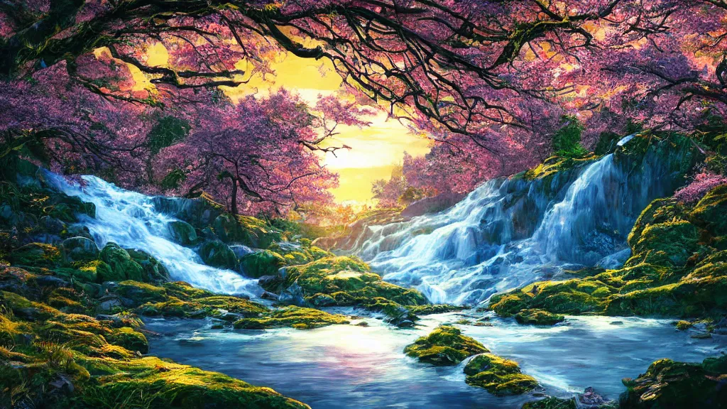 Image similar to featured on artstation cherry tree overlooking valley waterfall sunset beautiful image stylized digital art