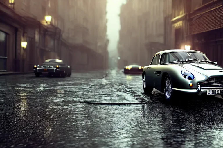 Image similar to a wholesome animation key shot of!! one!! focused!! aston martin db 5!!, in a wet london street, raining, wide shot, studio ghibli, pixar and disney animation, sharp, very detailed, high resolution, rendered in unreal engine 5, anime key art by greg rutkowski, bloom, atmospheric lighting