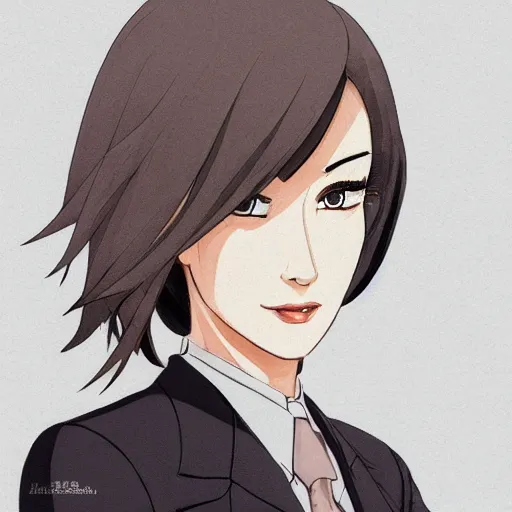 Image similar to woman in grey business suit, brown neat hair, pixiv, fanbox, trending on artstation, portrait, modern, sleek, highly detailed, formal, serious, determined, competent, colorized, smooth, charming, pretty, safe for work