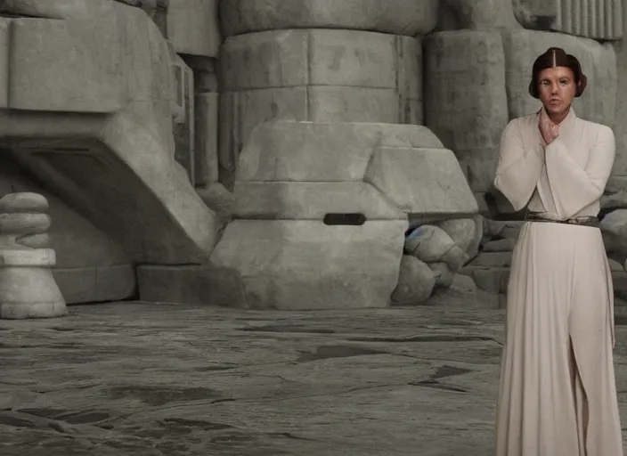 Image similar to portrait of Princess Leia alone at Jedi Temple scene from the last jedi, 2022, film by Stanley Kubrick, 4k serene, iconic , photoreal Carrie fischer, detailed stunning cinematography, hyper detailed, sharp, anamorphic lenses, kodak color film