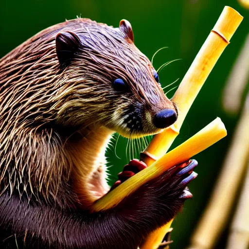 Image similar to wildlife photography of a beaver chewing down a bamboo shoot, f / 1. 8, soft focus, 8 k, national geographic