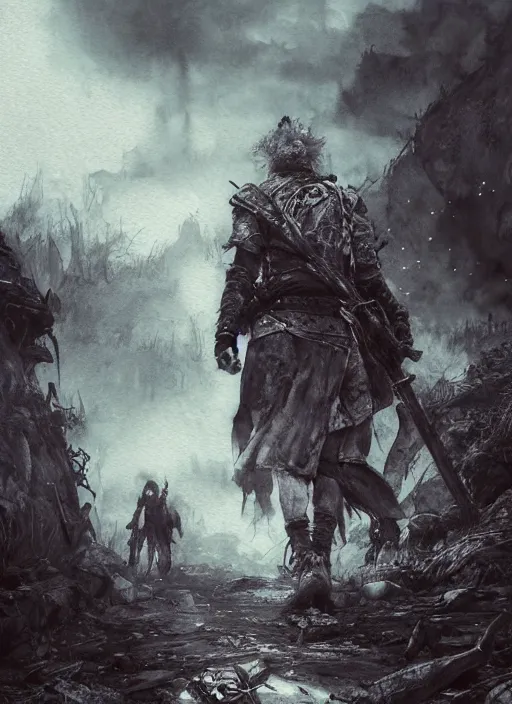 Image similar to portrait, Nomadic warriors wandering the wasteland of purgatory, watercolor, dramatic lighting, cinematic, establishing shot, extremely high detail, foto realistic, cinematic lighting, pen and ink, intricate line drawings, by Yoshitaka Amano, Ruan Jia, Kentaro Miura, Artgerm, post processed, concept art, artstation, matte painting, style by eddie mendoza, raphael lacoste, alex ross