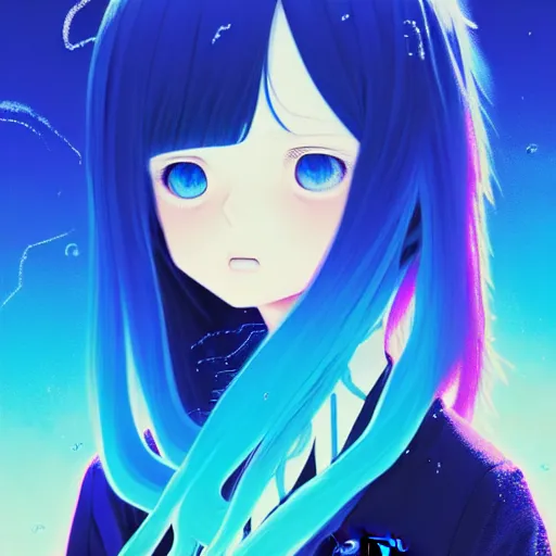 Prompt: blue slime swirling around a pensive rimuru tempest, enveloped in ghosts, sky blue straight hair, bangs, with amber eyes, black jacket, high collar, ultra fine detaile, dark theme, digital painting, psychedelic, cinematic, wlop, pixiv, ilya kuvshinov, ross tran