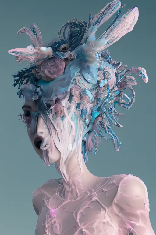 Prompt: an epic non - binary model, subject made of white melting porcelain, mesh headdress, with cerulean and pastel pink bubbles bursting out, delicate, beautiful, intricate, melting into eevee, houdini sidefx, by jeremy mann and ilya kuvshinov, jamie hewlett and ayami kojima, trending on artstation, bold 3 d