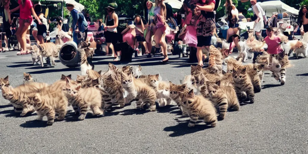 Image similar to clear photo, wide and clear, a stampede of cute kittens attacks everyone at the local sunday morning farmers market, kittens active everywhere, kittens jumping and running, people screaming in terror, funny and odd