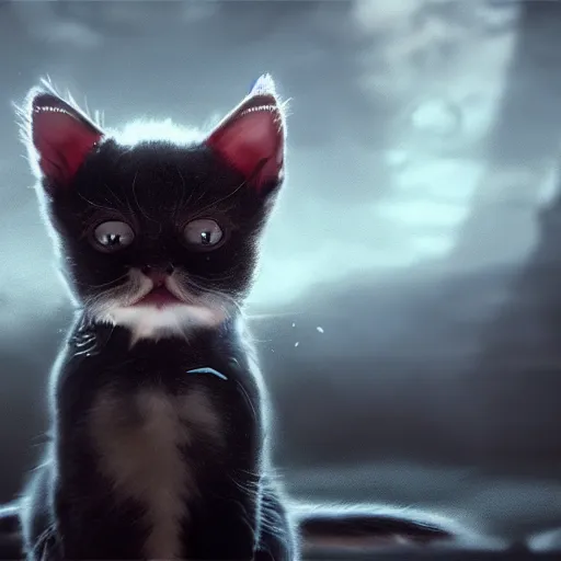 Image similar to evil kitten vampire, dramatic lighting, cinematic, establishing shot, extremely high detail, foto realistic, cinematic lighting, post processed, concept art, high details, cinematic, 8k resolution, beautiful detailed, photorealistic, digital painting, artstation, concept art, smooth, sharp focus, artstation trending, octane render, unreal engine