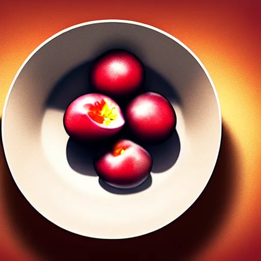 Image similar to concept art of a single bowl filled with a few moist freshly picked plums on a wooden table. digital painting, illustration, volumetric lighting, highly detailed, small scale, artistic, trending on artstation.