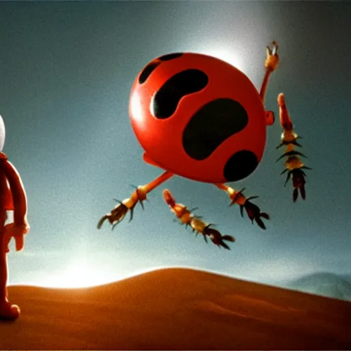 Image similar to promotional still wide angle, a mountain - sized ladybug with three legs roams a barren wasteland, dramatic lighting, ( e. t. the extra - terrestrial ), batteries not included, harry potter, imax, 7 0 mm.