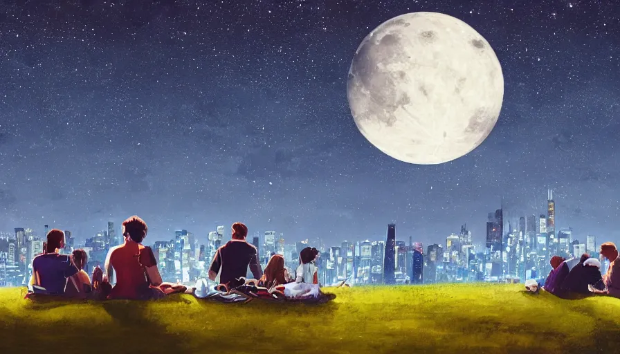 Image similar to people sitting on a hill watching chicago at night. the sky had stars and a full moon. hyperdetailed, artstation, cgsociety, 8 k