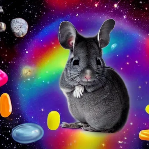 Image similar to chinchilla with mean look in space with galaxy in background pooping rainbox jellybeans, rainbow jellybeans under chinchilla's tail