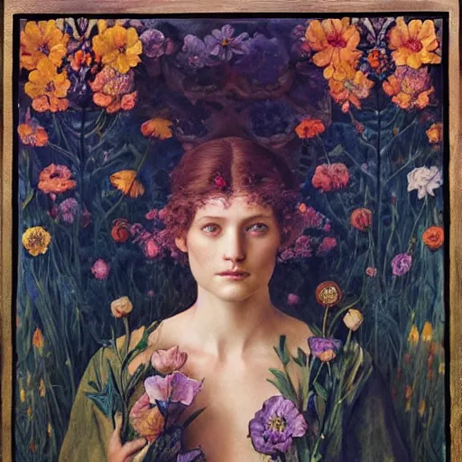 Image similar to queen of flowers, by annie swynnerton and charlie bowater and tino rodriguez and nicholas roerich and jean delville and evelyn de morgan, dramatic lighting, floral tattoos, rich colors, smooth sharp focus, extremely detailed, donato giancola, adolf wolfli