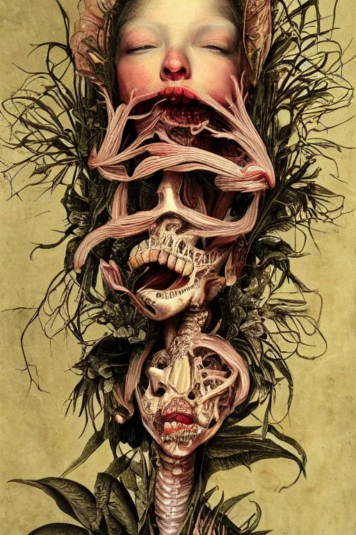 Prompt: Detailed maximalist portrait a with large lips and with large eyes, exasperated expression, botanical skeletal with extra flesh, HD mixed media collage, highly detailed and intricate, surreal illustration in the style of Caravaggio, dark art, baroque