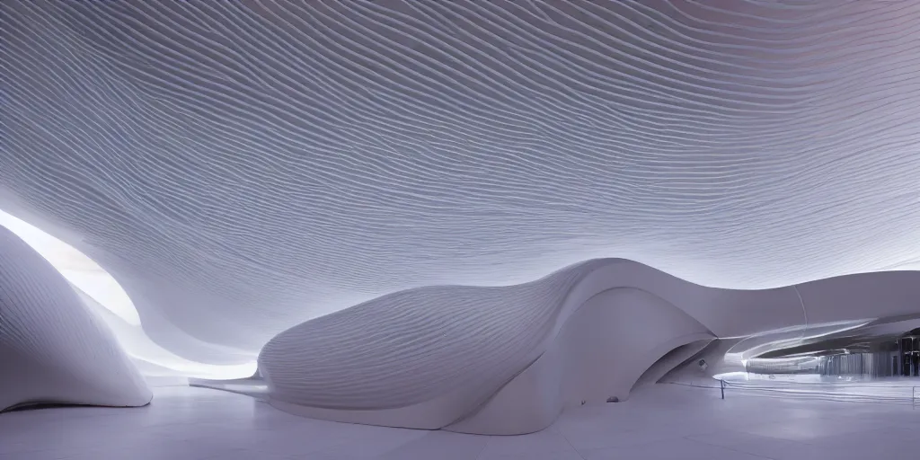 Image similar to extremely detailed awe stunning beautiful futuristic smooth curvilinear museum interior by zaha hadid, translucent gills, stunning volumetric light, stainless steel, concrete, translucent material, beautiful sunset, hyper real, 8k, colorful, 3D cinematic volumetric light, atmospheric light