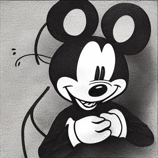 Prompt: depressed mickey mouse with beard, tired face, realistic dramatic, detailed art