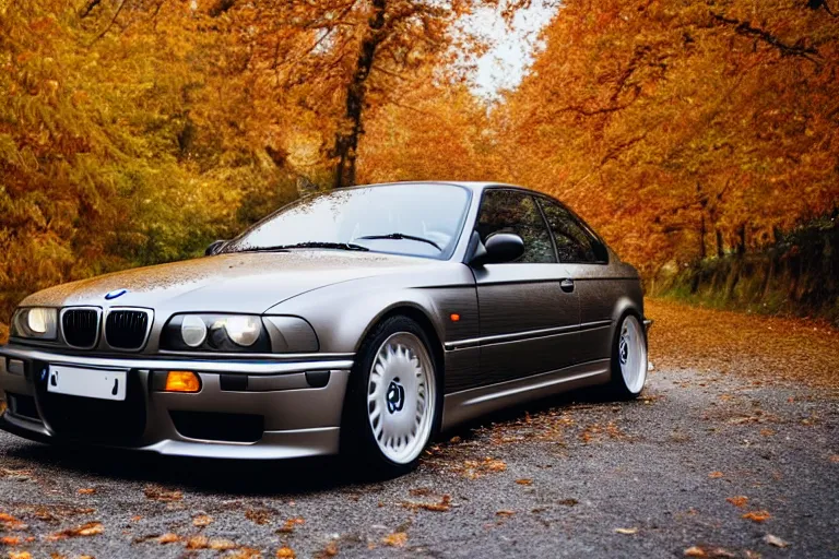 Image similar to A BMW e36 parked in a road with trees, autumn season, Epic photography, taken with a Canon DSLR camera, 250 mm, depth of field