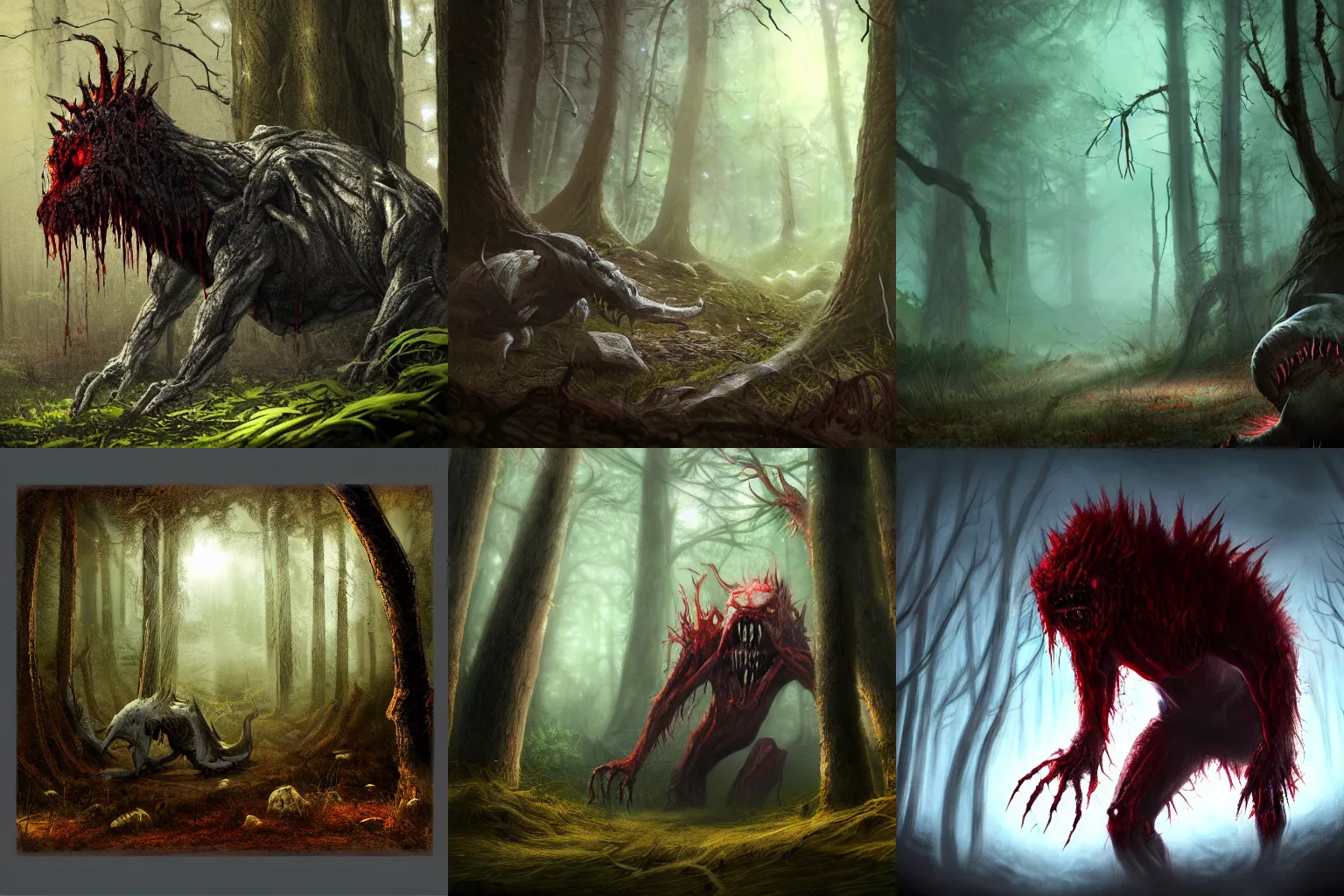 Prompt: photorealistic digital art of a fantasy terrifying blood fueled monster lurking in the forest, dynamic lighting, hyper realism, 8K, trending on art station