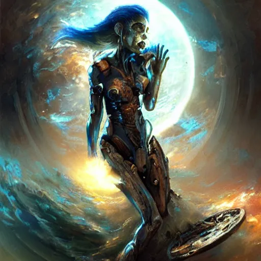 Image similar to stunning portrait of unborn baby argonaut Orpheus singing to Mother Earth, painting by Raymond Swanland, cyberpunk, sci-fi cybernetic implants hq