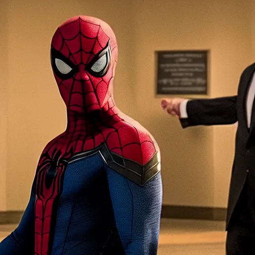 Image similar to cinematic movie of Marvel's spider-man fighting a judge in a court of law