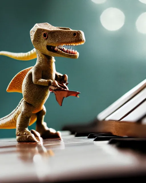 Image similar to a dinosaur playing a piano, photorealistic, bokeh, soft focus