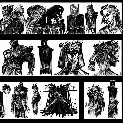 Image similar to character design sheet, book cover, deep shadows, extremely fine inking lines
