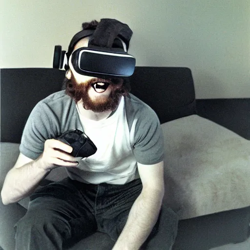 Image similar to Terrence McKenna sitting Down laughing with a VR headset on, 1994, Polaroid