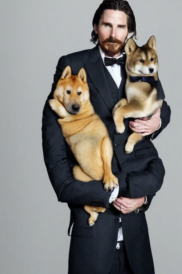 Prompt: a highly detailed portrait of christian bale wearing a suit, holding a shiba inu in his arms, hyperrealistic, highly detailed, 8 k, canon 2 4 mm f / 1. 4 lens,