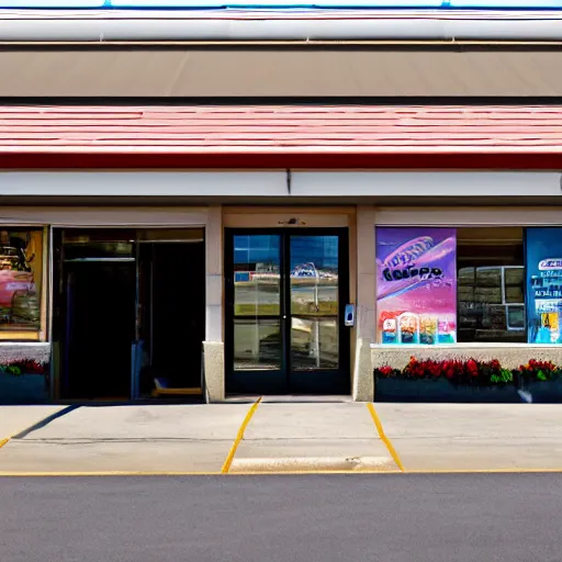 Prompt: the outside of a convenience store located on an asteroid in space