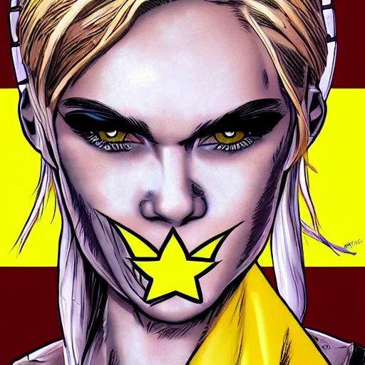 Image similar to tank girl comic, ultra detailed face, ukrainan flag, by alessandra vitelli