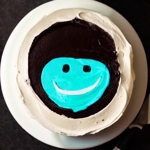 Prompt: a cake with an icing trollface decoration