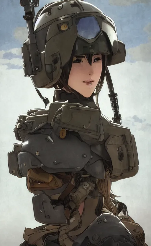 Image similar to front portrait of mechanized soldier girl, anime style, urban in background, soldier clothing, combat helmet, short hair, hair down, symmetrical facial features, from arknights, hyper realistic, 4 k, rule of thirds, extreme detail, detailed drawing, trending artstation, hd, d & d, realistic lighting, by alphonse mucha, greg rutkowski