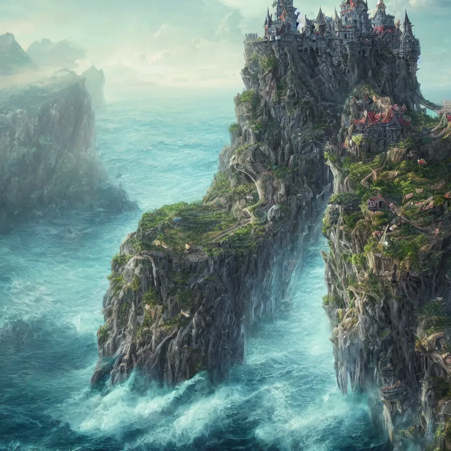 Image similar to fantasy painting of a castle on the edge of a cliff overseeing a vast ocean, complex, detailed, intricate abstract. delicate artwork. by Tooth Wu, wlop, beeple, dan mumford. octane render, trending on artstation, greg rutkowski very coherent symmetrical artwork. cinematic, hyper realism, high detail, octane render, 8k, depth of field, bokeh. chrome accents.