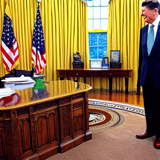 Prompt: a minion meeting president ronald reagan, zoom photograph, oval office, despicable me minions