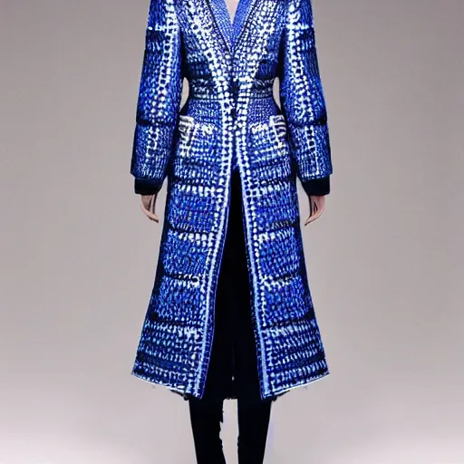 Image similar to fashion 2 0 5 0 fantastic openwork long coat with intricate pattern on a beautiful symmetrical girl with blue hair, hyper realistic photos