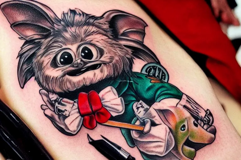 prompthunt: a cute hyper realistic tattoo of gizmo from the movie gremlins  wearing a wedding suit and looking happy in the style of sailor jerry. new  school tattoo, tattoo, dslr