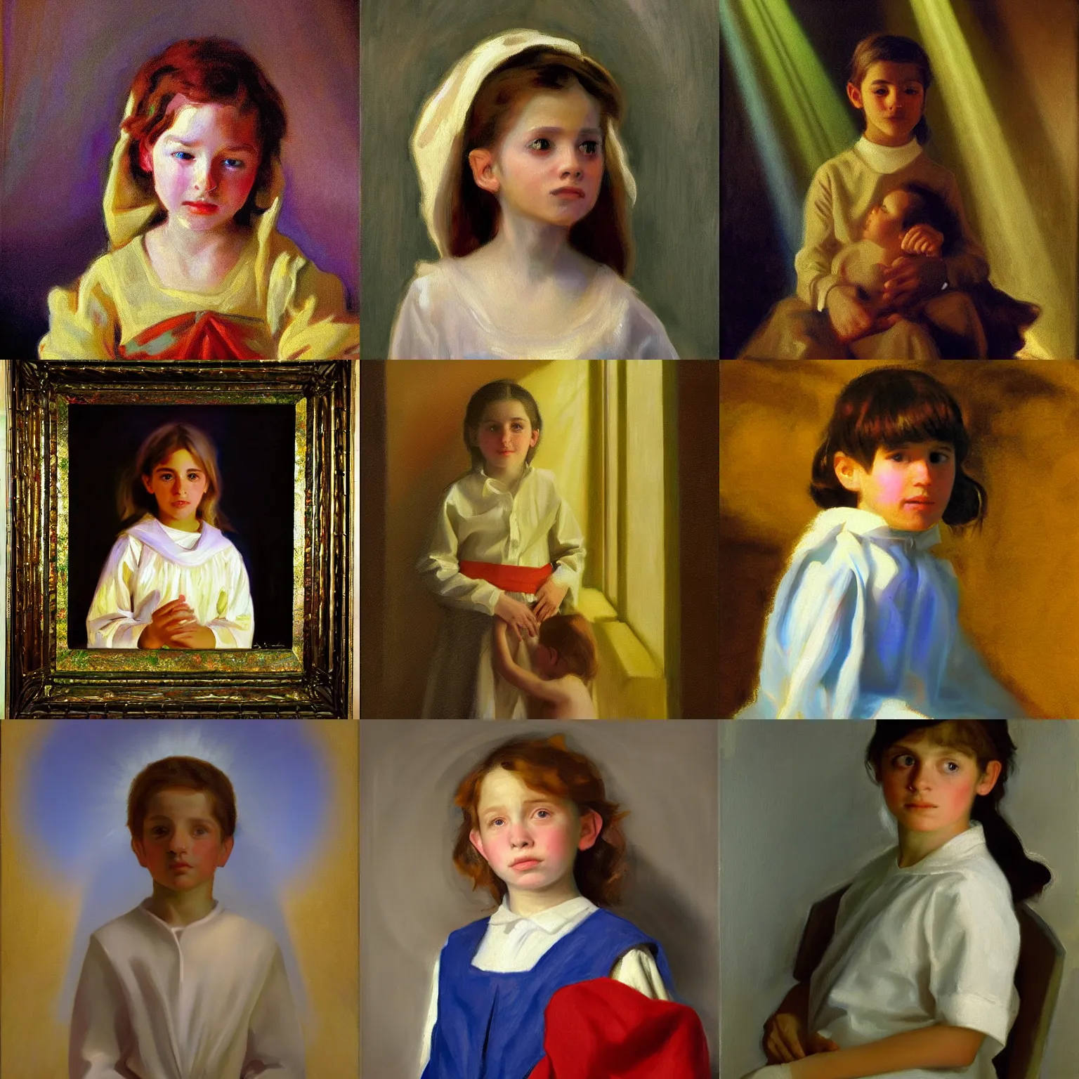 Prompt: portrait of a miraculous child prodigy, hyperrealistic, holy light rays, in the style of john singer sargent, oil painting