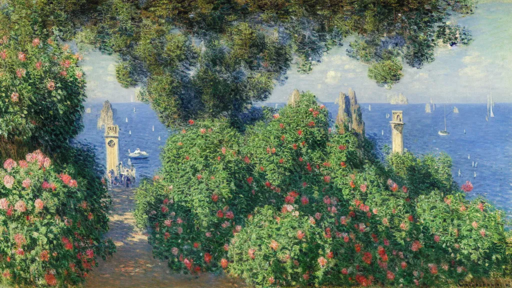 Prompt: ' ( ( claude monet ) ) in capri painting on an easel in a mediterranean garden with gorgeous flowers, grapevines, cypresses, hyperdetailed oil painting of canaletto'